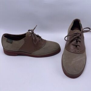 G.H. Bass & Co. Women's 7M Saddle Shoes Tan Suede Brown Leather Red Brick Sole